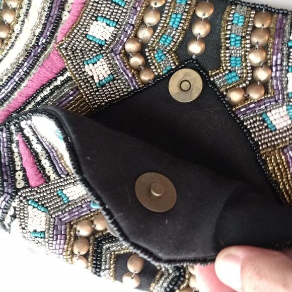 EUC Multicolored Handmade India Glass Beaded Boho Cotton & Leather Snap Clutch - Picture 9 of 13